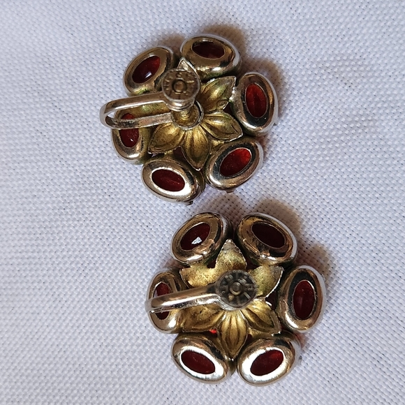 Vintage Sterling Silver Ruby Red Flower Gems Pearl Gold Tone Screw Back Earrings - Picture 5 of 6